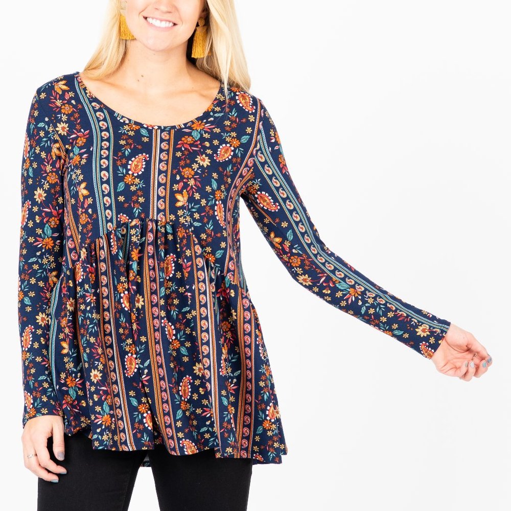 Agnes & Dora Muse Top Long Sleeve Navy Floral Paisley XXS NWT